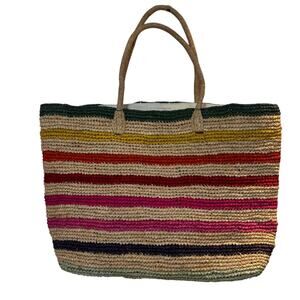 Hat Attack Multicolor Striped Raffia Tote Bag Woven Beach Market Bag Boho Style